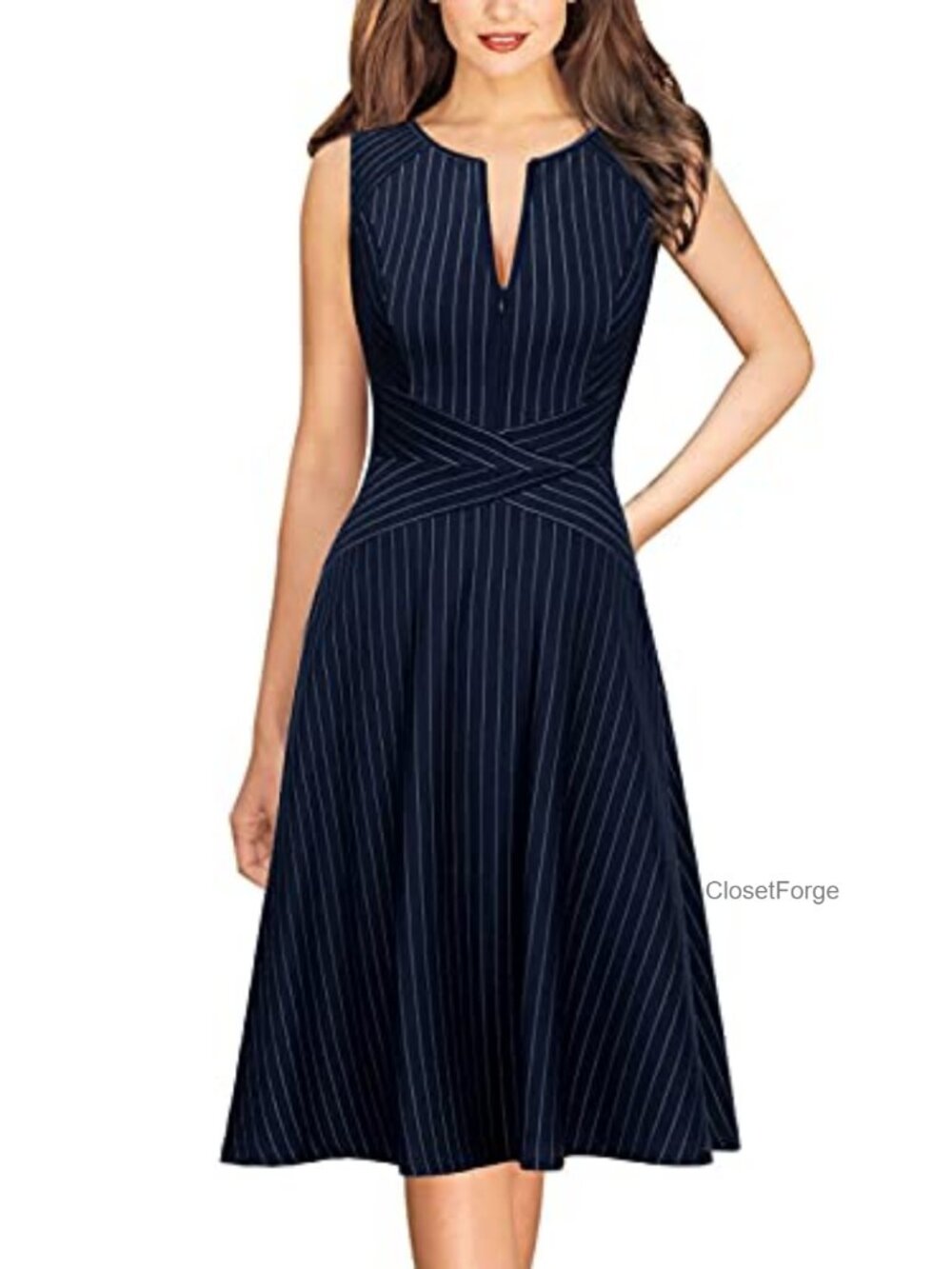 Women's Sleeveless A-Line Zipper Dress with Pockets - Business Office Church